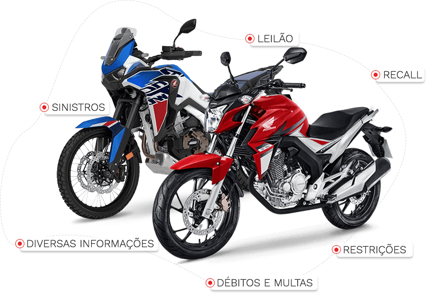 Duas motos, vermelha e azul. Texto informando os campos informados ao fazer a consulta veícular: Sinistros, leilão, recall, débitos e multas, restrições e diversas informações